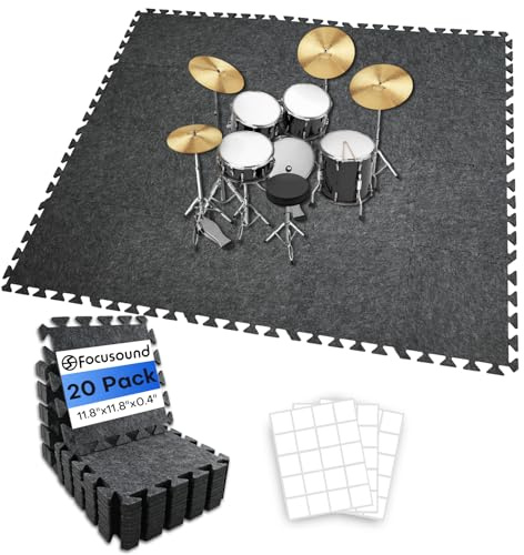 Focusound 20Pcs Sound Absorbing Interlocking Drum Rug, 11.8 x 11.8 x 0.4 inches High Density Soundproof Floor Mats, Non-Slip Anti Vibration Piano Carpet Drum Mat for Music Studio, Grey