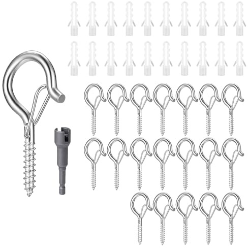Bohaner 20 Stück Edelstahl Schraubhaken mit Sicherung Einschraubhaken Wandhaken Deckenhaken mit 1 Flügelmutterndreher zum Aufhängen Topfplanzen Lichterketten Windspielen (Rund-Silber, M4)