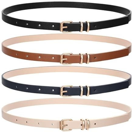 LEACOOLKEY 4 Stück Skinny Damen Ledergürtel für Kleider Dünner Taillengürtel für Jeans Hosen mit Goldschnalle