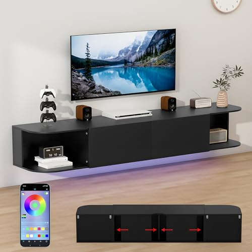 180CM LED Floating TV Stand Cabinet for 65in TV,Wall Mounted TV Stand Unit with Open Storage Space&2 Door,Modern Entertainment Center Media Console,TV Console Table for Living Room,Bedroom (Black)