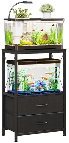 Welfuturer Fish Tank Stand, 10 Gallon Aquarium Stand with Storage Drawers, 2-Tier Reptile Tank Rack with Shelf for Living Room, Home Office, Black