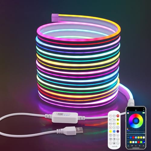 Aclorol LED Streifen 5M RGB IC Neon mit USB Anschluss Addressable Dimmbar | Wasserdicht IP65, Musik-Sync per Fernbedienung und App, mit Klebeband für Gaming Zimmer Wohnzimmer Wand Deko, 300LEDs CRI90+