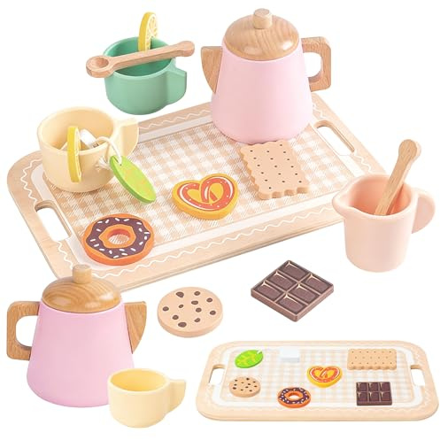 Set Tazzine Gioco Bambina in Legno, Set da Te Bambina Educativo, Accessori da Cucina, Stoviglie per Bambole Della Dimensione Perfetta per i Più Piccoli, 16 Pezzi per Bambine e Bambini