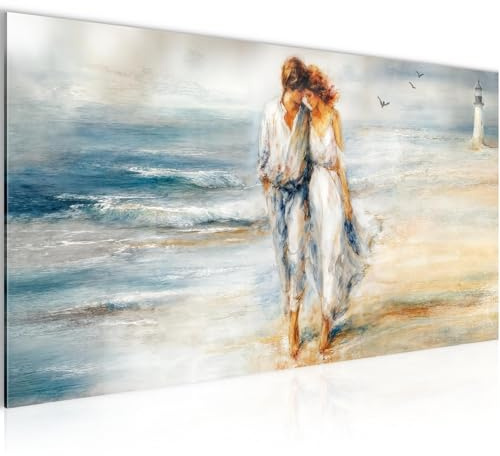 Runa Art Wandbild Strand und Meer 100 x 40 cm Modern Bild auf Vlies Leinwand Himmelblau Wohnzimmer Schlafzimmer Büro Liebespaar 060712a