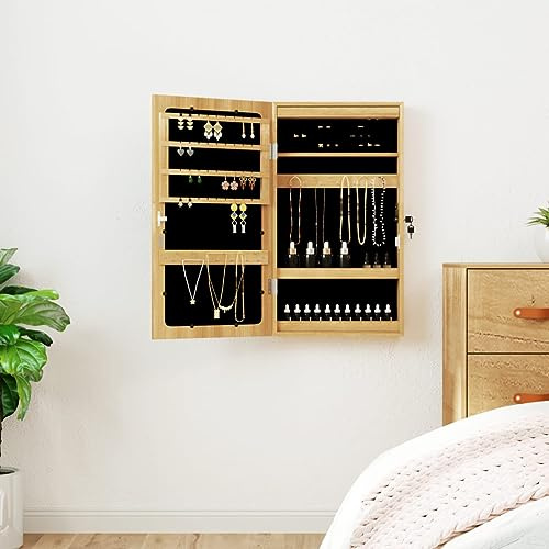 RMIHSJG Armoire à bijoux miroir avec éclairage LED pour montage mural, espace de rangement avec crochets, étagères à étrier et porte verrouillable, en bois