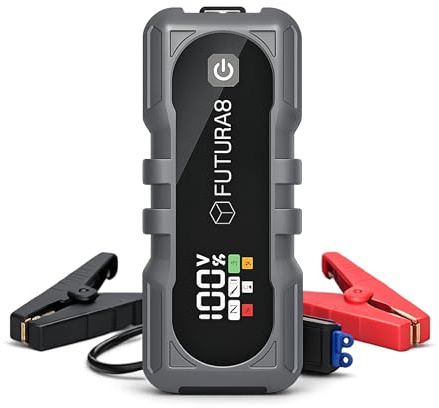 FUTURA8 Arrancador de Baterias de Coche 4000A, Jump Starter 12V 24000mAh, Todo Gasolina y Diésel 8L, Coche y Moto, Power Bank USB-C, Linterna LED SOS, Pinzas Antichispas, Cargador y Funda Incluidos