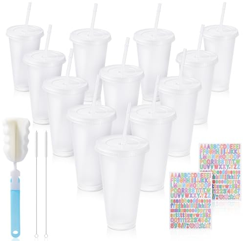 12STK Trinkbecher mit Deckel und Strohhalm Becher Plastikbecher mit Deckel | Mit Tassenbürste 24OZ 710ML Becher mit Deckel und Strohhalm Wiederverwendbare Weiß Kunststoffbecher für Party Geburtstag DIY