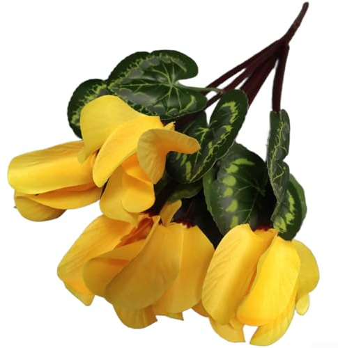 Fiori artificiali a 7 rami in stile ciclamino per la decorazione della casa, disposti come espositore floreale da tavolo coesivo (giallo pallido)