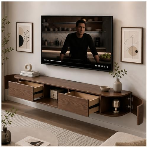 JUNFUNNLE Moderner Schwebende TV Schrank 200cm Nussbaum, TV Lowboard Hängend 30cm Breit, TV Board Hängend mit 2 Schubladen 1 Klappen Türen, für Wohnzimmer und Esszimmer, Bereits montiert