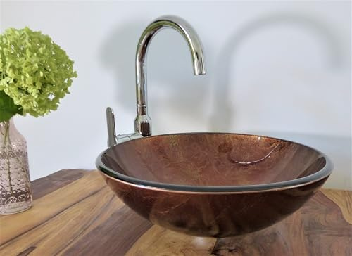 Nero Aufsatz Glas Waschbecken Waschtisch Waschschale rund Antik gold braun 42cm