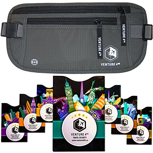 VENTURE 4TH Slim Minimalist Design RFID Money Belt with RFID Blocking Sleeves, for Men and Women – Ideal for Keeping Your Cash, Credit Card, Passport, Phone Secure When Traveling - Gray