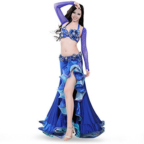 ROYAL SMEELA Bauchtanz Kostüm Damen Kleid BH Gürtel Rock Top 4-teiliges Set Bauchtanz Flamenco Rock Tanz Kleider Frauen Kleidung Bauchtanz BH Gürtel Maxirock Ärmel Oberteil Anzug Bauchtanz Kleidung