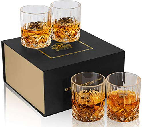 KANARS Juego de 4 Vasos de Whisky, Copas de Whiskey Robusto Cristalino Sin Plomo para Escocés, Borbón y Más, 300 ml, Caja de Regalo de Lujo