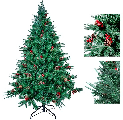 himaly Künstliche Weihnachtsbäume 150 cm mit 450 Spitzen, PVC/PE Material Naturgetreue Tannenbaum künstlich Christbaum, 39pcs echten Tannenzapfen, 39pcs roten Früchten für Innen und Außendekoration