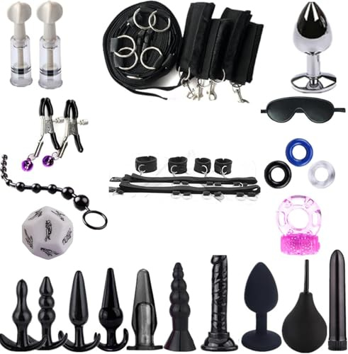 Bondage 28pcs,Menottes Sexuelles Cheville Bandeaux Yeux Masque Plug Anal Anneau Pénis Pinces à Tétons Suceurs Mamelon Douche Anale Vaginale Adulte Sex Toys Pour Fétiche Couple
