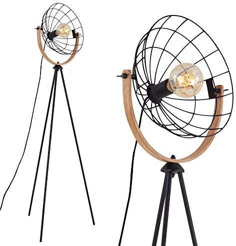 Briloner Leuchten - Lampadaire, lampe sur pied, lampe de studio rétro, vintage, 1x E27, max. 40 watts, incl. interrupteur de câble, noir-bois, 595x1490mm (lxh), 1385-015
