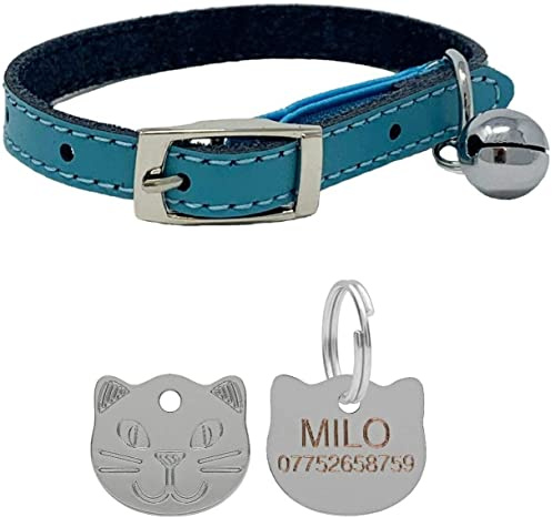 Echtleder-Katzenhalsband mit Sicherheitsgummi und Glöckchen mit personalisierter Gravur für Katzengesicht, Blau
