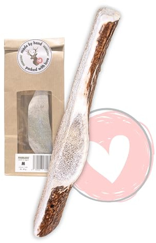 FOURLEGS® natürlicher Kauspaß für Hunde aus 100% Hirschgeweih - Mineralstoffe, Kauspielzeug, Kaustange, Wildgeschmack, Geweih, Knochen, Hirsch, Kauartikel - Größe M halbiert