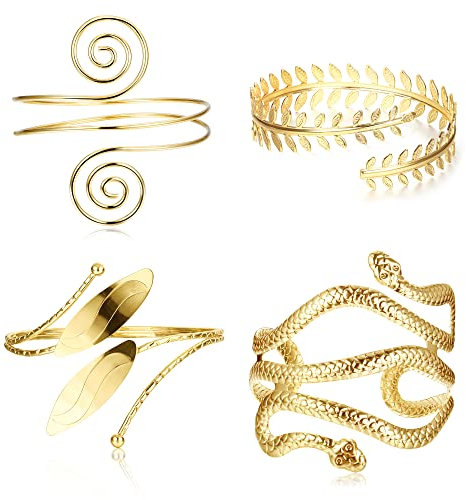 LOLIAS 4 Stück Oberarm Armbänder Manschette Armreif verstellbar Armbinden für Damen offen Goldarmbänder Zigeuner Boho Armband Manschette Handgelenk Spiralarmband