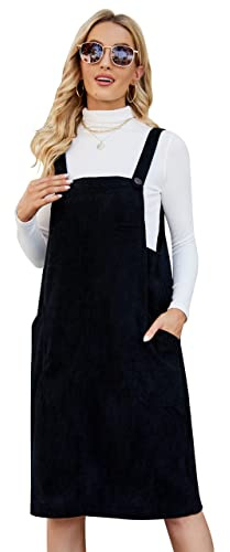 Flygo Damen Cordpullover Overall Latzhose Midikleid Rock mit Taschen, Schwarz, X-Groß