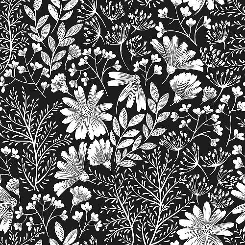 ReWallpaper Papier Peint Noir et Blanc Fleur Papier Peint Autocollant Feuilles Salle de Bain Noir et Blanc Imperméable 44,5CMx3M Papiers Peints Adhésif Fleuri pour Meuble