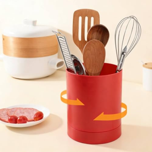 Tissting Soporte Giratorio para Utensilios, Diseño de Compartimento, Soporte para Utensilios de Cocina, Cesta para Palillos, Contenedor de Almacenamiento de Vajilla para Cocina Casera(Rojo)