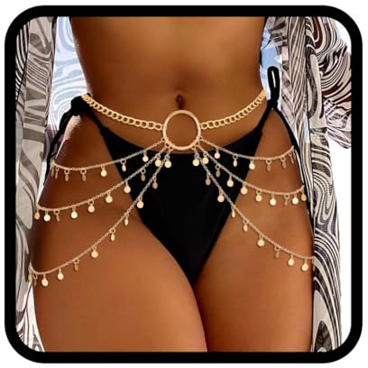 Asooll Gold Sequin Bikini Waist Chain Fashion Hip Body Jewelry Chains for Women