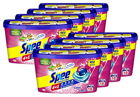 Spee Power Caps Color 4 + 1, 144 WL (8 x 18 Waschladungen), Colorwaschmittel für Buntwäsche & Dunkles, vordosiertes Waschmittel vereint Reinheit, Strahlkraft, Frische & Nachhaltigkeit