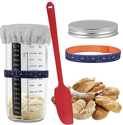 6Pcs 25.7OZ Sourdough Starter Jar Kit with Scale Thermometer Heat Resistant Sourdough Starter Container with Lid Clear Glass Sourdough Starter Jar Reusable Sourdough Fermentation for Sourdough Baking