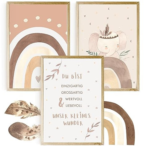 EULENTALER® Poster für Kinderzimmer im Boho-Stil I Von Pädagogen kreativ & liebevoll gestaltet I Tierposter Babyzimmer I Wandposter für Mädchen & Jungen (3er Set im DIN A4 Format) Elefant