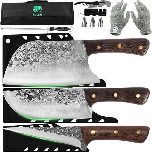 FULLHI Set di coltelli da macellaio 3pcs con borsa portacoltelli Coltello da chef in acciaio ad alto tenore di carbonio forgiato a mano per disossare, cucina, campeggio e barbecue