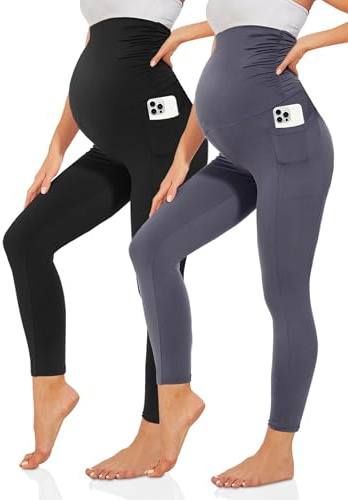 TNNZEET 2er Pack Umstandsleggings Damen mit Taschen fürSchwangerschaft | Blickdicht High Waist Umstandshose Umstandsmode High Waist Bequem Elastisch Workout für Yoga