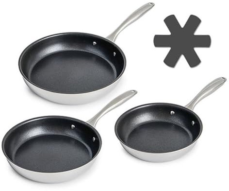 Betty Bossi Bratpfannen Edelstahl - 3er-Set 20 cm 24 cm 28 cm mit Pfannenschoner Pfannenschutz anthrazit für alle Herdarten Hitzebeständig Antihaftbeschichtung Einfache Reinigung