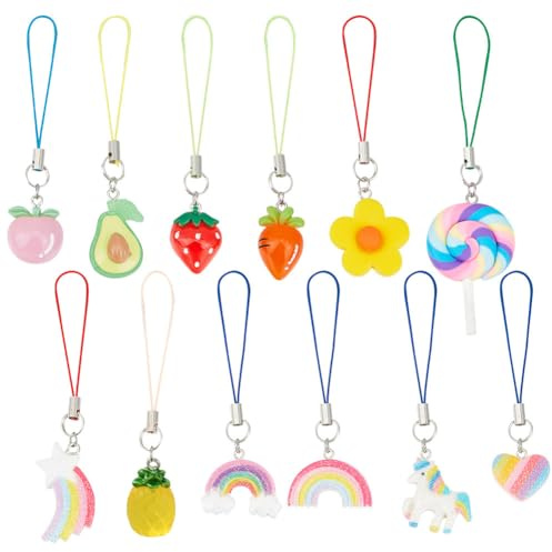 GOMAKERER 12 Stück Handyanhänger Mit Obstmotiv, Bunte Cartoon-Motiv-Handyanhänger Mit Regenbogen- Und Herz-Anhänger Polyester-Handyanhänger Für Handytasche, Schlüsselanhänger, Zubehör, Dekoration