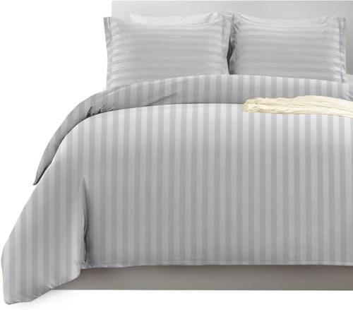Imperial Rooms Satin Stripe Double Duvet Set - Premium Hotel Quality Quilt Cover Double Bedding Set 3 Pcs - Ultra Soft Double Duvet Cover With Button Closure (Silver 200x200 Cm)