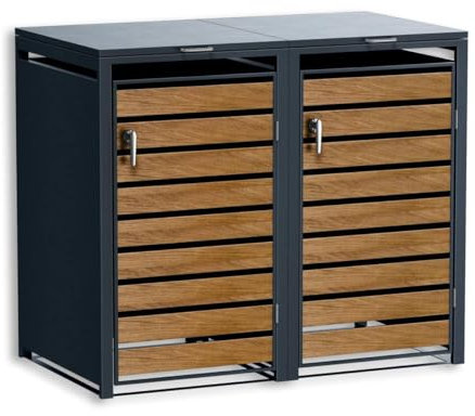 Metzler Mülltonnenbox 2er 240L in Anthrazit & Holzoptik mit Pflanzdach & Sichtstreifen, Mülltonnenverkleidung 2 Tonnen mit Automatikdeckel, Müllbox mit pulverbeschichtetem Stahl rostfrei, abschließbar