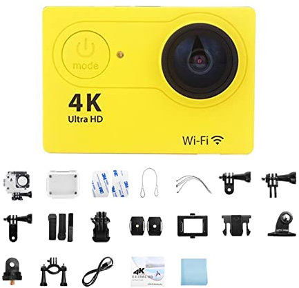 KOZWAY Action Camera Mini Action Camera Schermo da 2 pollici 30 FPS/170D Impermeabile Casco Fotocamera Subacquea Telecontrol Cam Ultra HD 4K Action Camera (Dimensioni: No Card, Colore: Giallo)