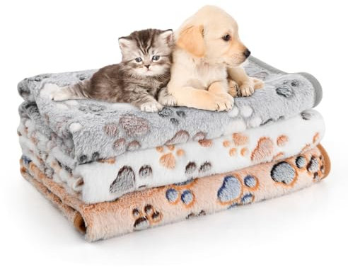 Wisebom 3 Stück Hundedecke Katzendecken Waschbar Warme Haustierdecken Weiche Haustierdecken mit Pfotenabdruck Flauschig Flanell Haustier Decken für Kleine Mittlere Hunde Katzen, für Sofa Bett, 76X52cm
