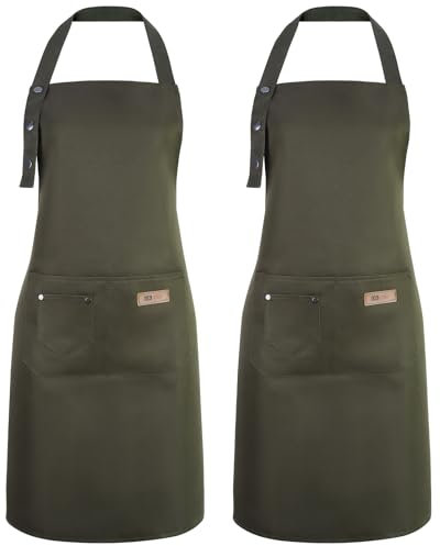 ViEinkaufen 2 Pack Kitchen Apron for Women, Adjustable Cooking Aprons with Pockets, Unisex Canvas Waterproof Aprons Chef Bakers Apron for Home Kitchen, Restaurant(Green)