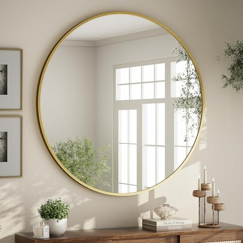 BEAUTYPEAK 60 cm Runder Spiegel, Wandspiegel mit Gold Aluminiumrahmen | Rund Bruchsicherer Badezimmer Spiegel zum Aufhängen und Anlehnen, Wandspiegel für Schlafzimmer, Bad, Wohnzimmer, Tischspiegel