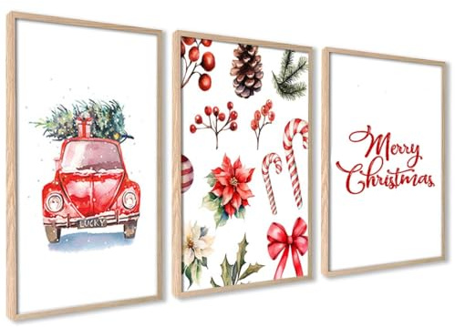 ag.art deco® Merry Christmas Poster Set 30x40cm | Weihnachts Rot Auto Weihnachtsbaum Zuckerstangen | Bilder für Wohnzimmer Arbeitszimmer Esszimmer | 3x Bilder ohne Rahmen | Merry Christmas Weihnachts Rot Auto Weihnachtsbaum Zuckerstangen Bilder für Wohnzimmer Arbeitszimmer Esszimmer Bilder
