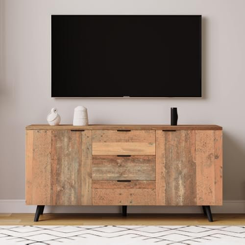 Vintage Sideboard 140 x 35 x 70 cm, TV-Schrank mit 2 Türen und 3 Schubladen, rustikaler Aufbewahrungsschrank mit verstellbaren Trennwänden. Kommode für Wohnzimmer, Esszimmer und Schlafzimmer,braun