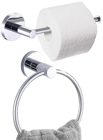 Betadistor Fixation murale : 1 anneau porte-serviette, 1 support de rouleau de papier toilette, support de papier toilette chromé et anneau porte-serviette – 2 accessoires de salle de bain en acier