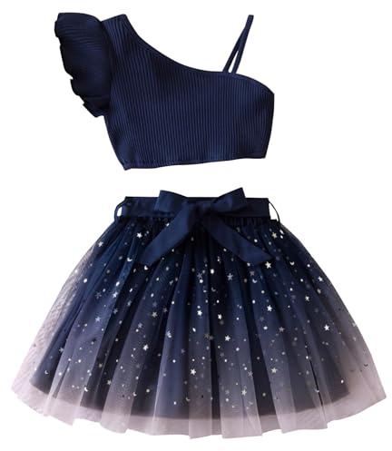 JiAmy - Set di abbigliamento per bambine, 2 pezzi, top in maglia e gonna in tulle con paillettes a una spalla, outfit estivo per feste per bambine da 2 a 9 anni, Blu notte, 5-6 Years