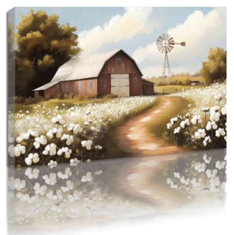 ZQQART Bauernhaus Scheune von Bild Leinwand Wand Drucke Grüne Scheune Blume Frühling Malerei Retro Blumenfeld Wiese Scheune Windmühle (Rot,60x90cm)