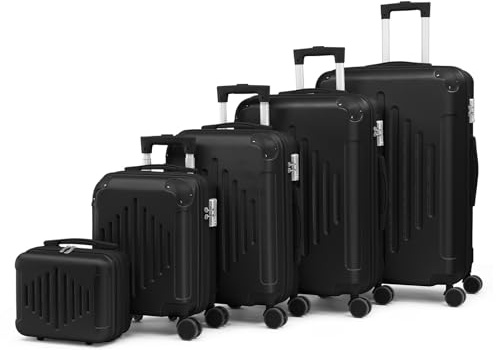 LALAHO Kofferset 5 teilig, Reisekoffer Set mit Kosmetikkoffer, Hartschalen Koffer Set aus ABS, Gepäckset mit Schminkkoffer, Handgepäck mit Eckenschützern, Schwarz