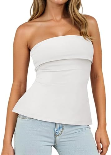 Sukiglam Tube Top Damen Sommer Ärmellos Bandeau Tops Elastisch Slim Fit Trägerloses Bluse Rückenfreies Y2k Outfits Non Slip Schulterfrei Oberteil mit Double Layer Bust Sexy Seite Geschlitzte