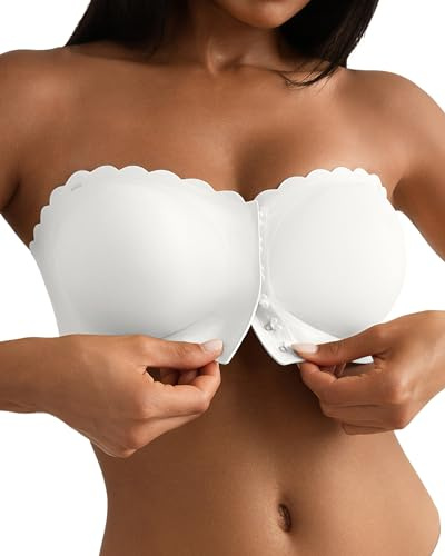 SHARICCA BH Ohne Träger Damen - Mit Verschluss Vorne Trägerloser BHS Bequem Rutschfestes Nahtlose Bandeau Top Mit Transparenten Trägern(Weiß-1P03-L)