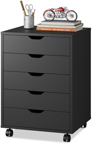 DEVAISE Rollcontainer mit 5 Schubladen, Mobil, Aktenschrank, Schwarz | 5 Schubladen, Mobiles Design, Viel Stauraum, Leichtgängige Rollen, Platzsparend, Einfacher Aufbau, für Büro & Home Office