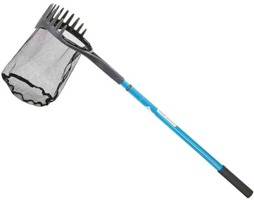 Pond Net and Rake Skimming 3-in-1 Pond Net with Rake and Scraper Telescopic Handle Extends to 1.5m Ideal Cleaning Tool for Pond and Pool Cleaning and Maintenance Leaf Net